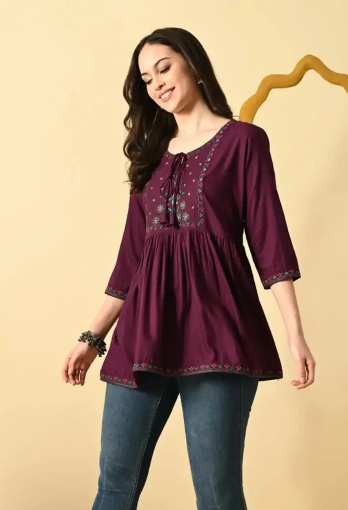 Women Embroidered Viscose Rayon Flared Kurta ( Maroon, Yellow, Pink, Black )