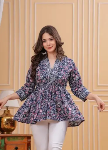 Floral Print Pure Cotton Flared Kurta ( Blue )